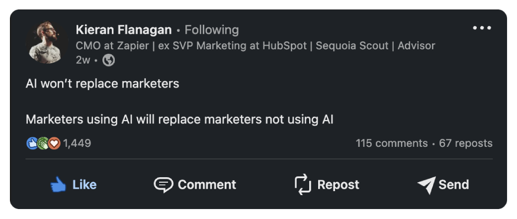 AI won&rsquo;re replace  marketers. Marketers using AI will replace marketers not using AI.